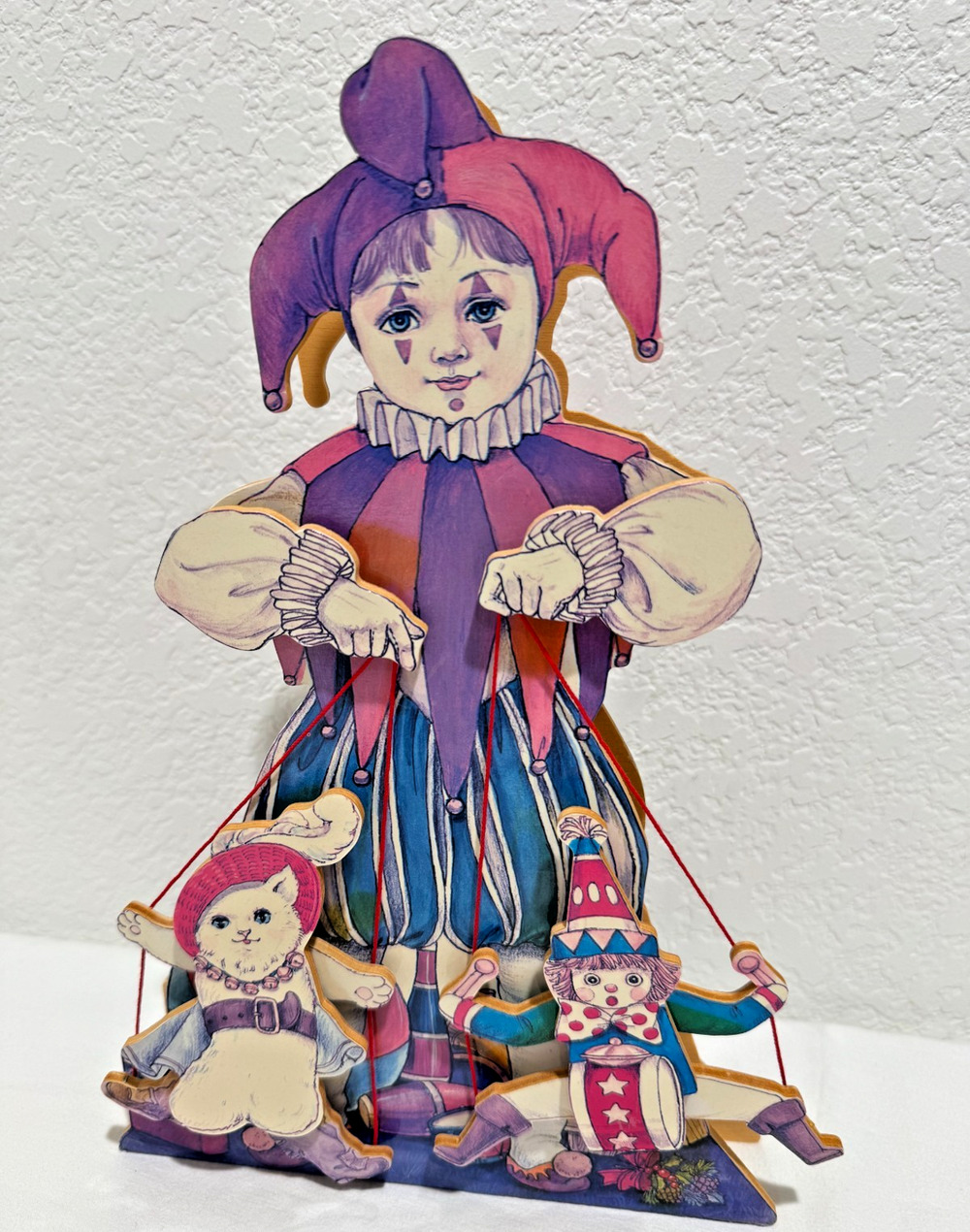 Vtg Motion Music Box Wood Double Sided Harlequin Puppet Marionette Jester MANN